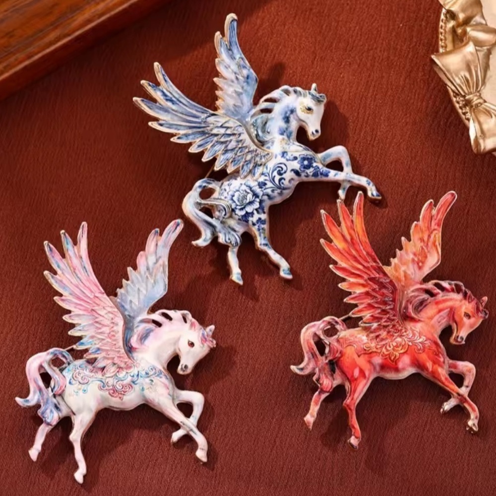 Porcelain Pegasus Blue White Brooch - Picture 3 of 5